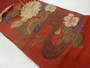 手織り真綿紬流水に菊・梅模様織出し名古屋帯